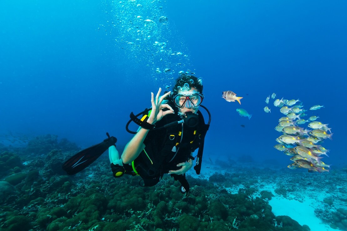 Taucherin unter Wasser wirft Blasen und zeigt das alles oK ist im Hintergrund schwimmen Fische