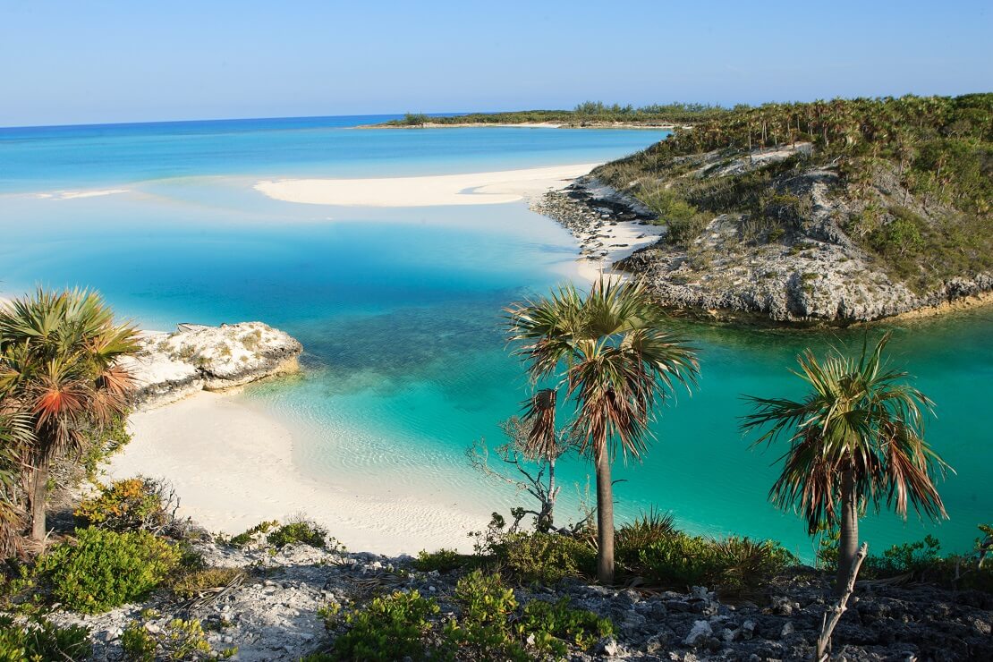 türkisblaues Meer umgeben von Palmen und einem weißen Sandstrand