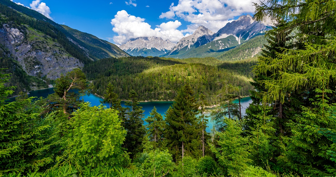 Wälder in den Bergen mit einem türkisblauen See in der Mitte