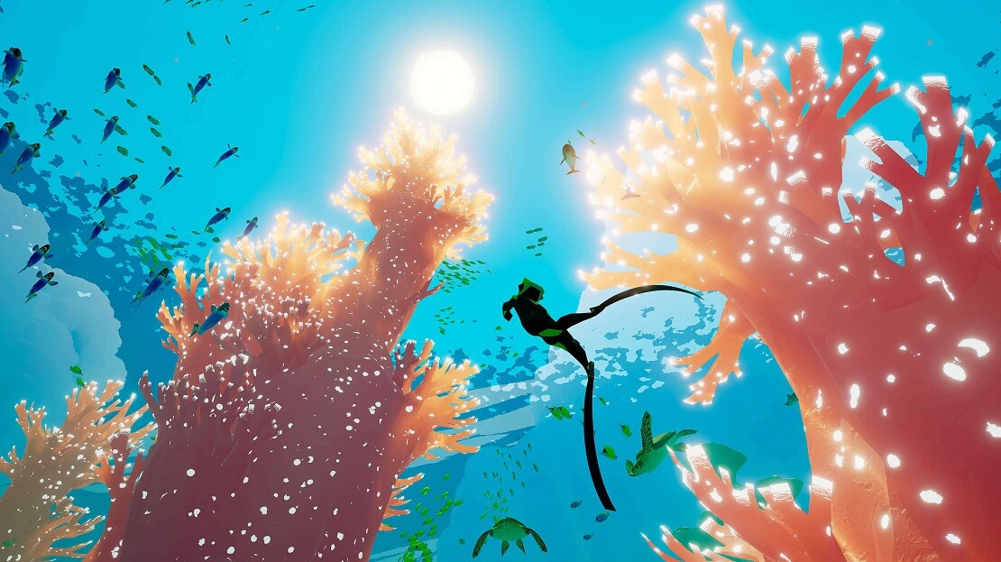 Abzu PC Spiel: Taucherin im Korallenriff