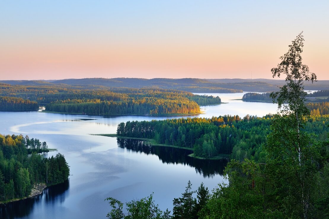 Der Horizont über die Wälder und Gewässer Finnlands