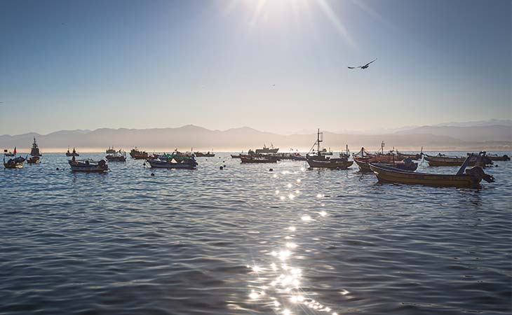 Fischerboor in der Sonne vor der Küste Chiles in der Region Coquimbo