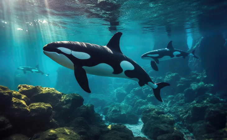 Drei Orcas unter Wasser