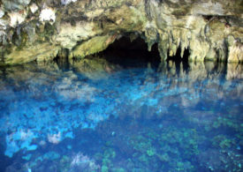Eine überflutete Höhle mit Stalagtiten