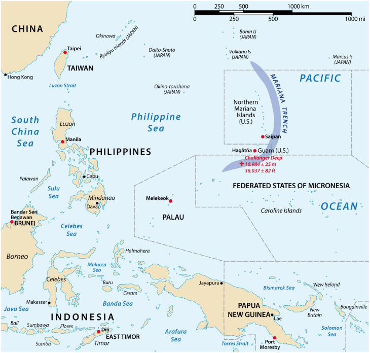 Eine Landkarte, die die Lage des Marianengrabens zeigt